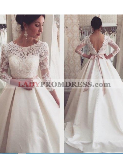 2023 A Line Backless Satin Long Sleeves Bowknot Wedding Dresses