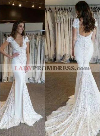 Sexy Mermaid Lace Capped Sleeves 2023 Backless Wedding Dresses