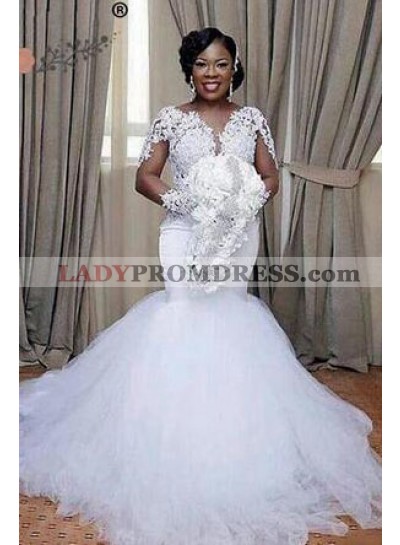 2023 Mermaid White Tulle With Appliques Sleeves Wedding Dresses