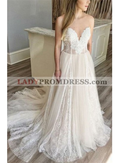 2023 New A Line Sweetheart Lace Over Tulle Wedding Dresses