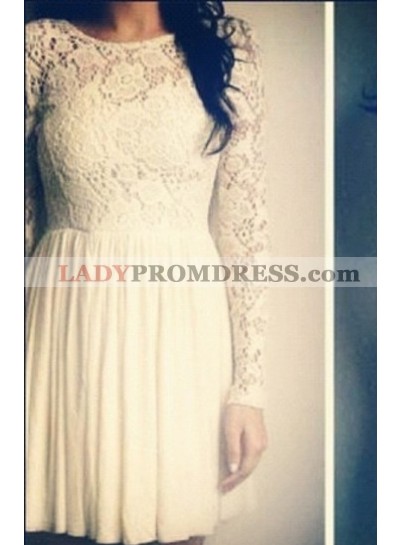 Cheap A Line Long Sleeves Lace Knee Length Scoop Short Wedding Dresses