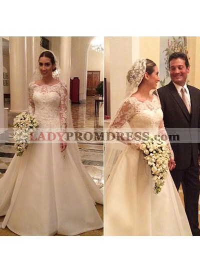 Elegant A Line Satin Scoop Neck With Long Sleeves Lace Long Wedding Gown