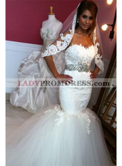 Charming Mermaid Tulle Sweetheart Beaded Belt Wedding Dresses