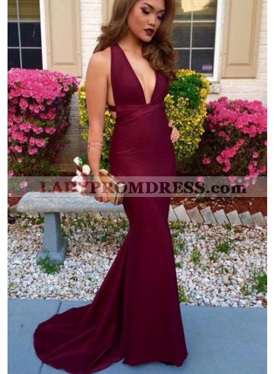 2023 Gorgeous Red V Neck Open Back Mermaid/Trumpet Satin Prom Dresses