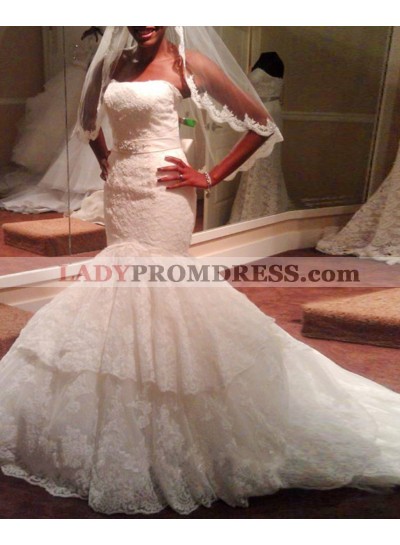 Sexy Mermaid Strapless Ruffles With Belt Court Train Lace Wedding Dresses 2023