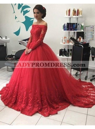 2023 Gorgeous Red Long Sleeve Off-the-Shoulder Lace Natural Ball Gown Tulle Prom Dresses