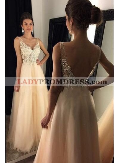 V-Neck Backless Beading A-Line/Princess Tulle Champagne Prom Dresses