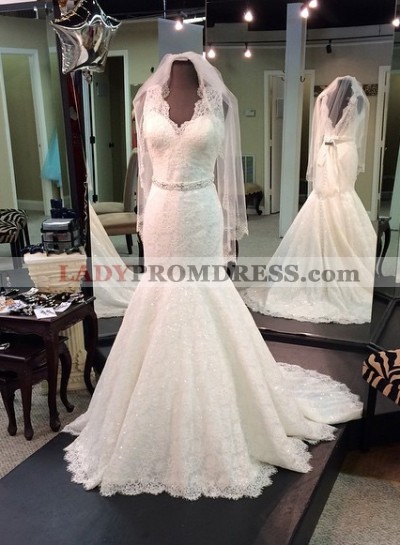 2023 Charming Mermaid Lace V Neck With Beaded Belt Wedding Dresses