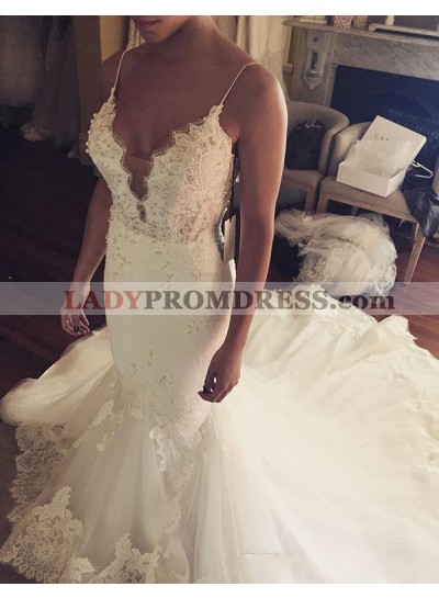 Sexy Mermaid Sweetheart With Spaghetti Straps Tulle With Appliques Wedding Dresses