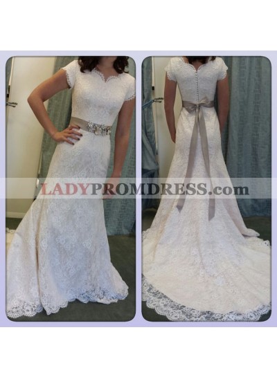 2023 Attractive Sheath Lace Wedding Dresses With Capped Sleeves Bowknot Belt