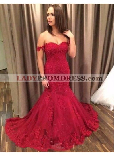 Sexy Trumpet/Mermaid 2023 Sweetheart Red Lace Prom Dresses