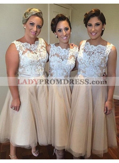 2023 Cheap A Line Champagne Tulle Knee Length Bridesmaid Dresses / Gowns