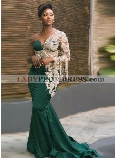 One Shoulder Sheath Beaded Satin Emerald Green Long Prom Dresses
