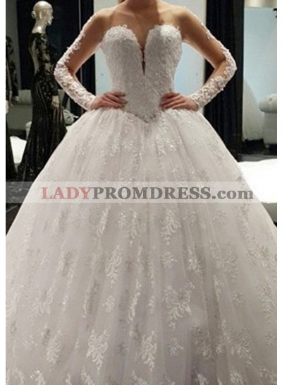 Tulle Court Train Ball Gown Long Sleeve Sweetheart Covered Button Wedding Dresses / Gowns With Appliqued Crystal Detailing