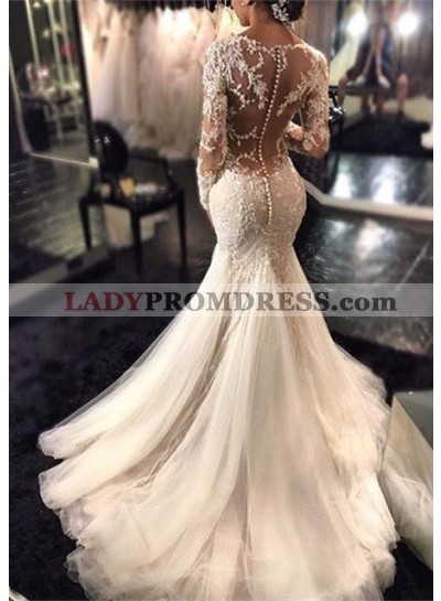 Tulle Sweep Train Trumpet/Mermaid Long Sleeve V-Neck Covered Button Wedding Dresses / Gowns With Appliqued