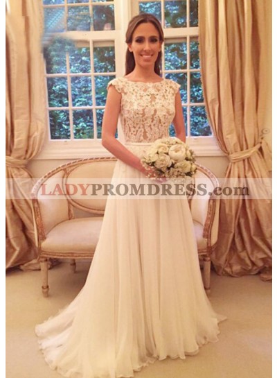 Tulle Sweep Train A-Line/Princess Sleeveless Bateau Covered Button Wedding Dresses / Gowns With Appliqued