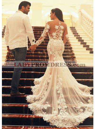 Tulle Sweep Train Trumpet/Mermaid Long Sleeve Sweetheart Zipper Up At Side Wedding Dresses / Gowns With Appliqued