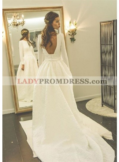 Satin Court Train A-Line/Princess Long Sleeve Bateau Zipper Wedding Dresses / Gowns With Appliqued