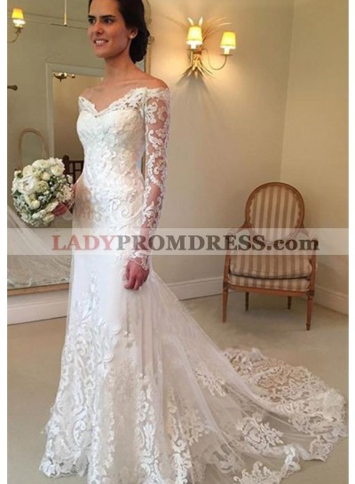 Tulle Court Train Sheath/Column Long Sleeve Off-The-Shoulder Covered Button Wedding Dresses / Gowns With Appliqued