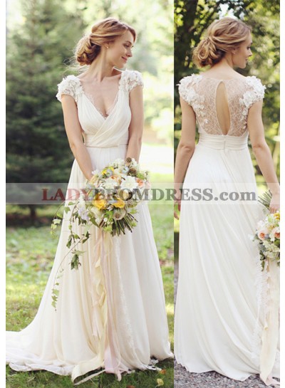 Chiffon Sweep Train A-Line/Princess Sleeveless V-Neck Covered Button Wedding Dresses / Gowns With Flowers