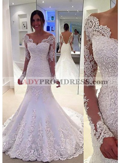 Lace Sweep Train Trumpet/Mermaid Long Sleeve Sweetheart Covered Button Wedding Dresses / Gowns With Appliqued