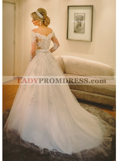 Tulle Floor-Length A-Line/Princess Long Sleeve Off-The-Shoulder Covered Button Wedding Dresses / Gowns With Appliqued