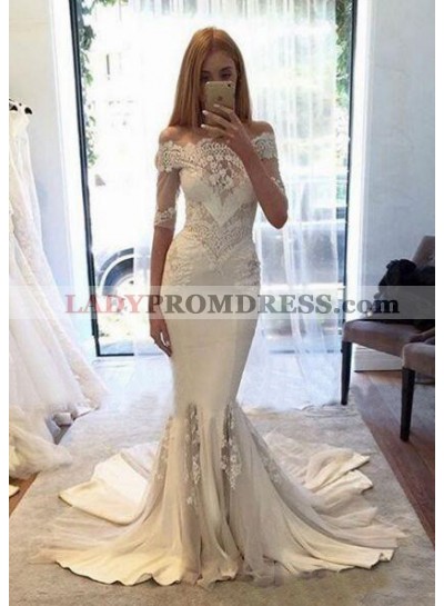 Chiffon Wedding Dresses / Gowns A-Line/Princess Off-The-Shoulder Court Train With Appliqued