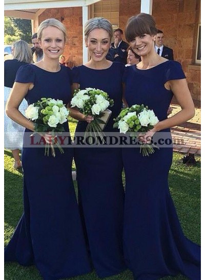 Satin Sweep Train Sheath/Column Short Sleeve Scoop Neck Zipper Bridesmaid Dresses / Gowns