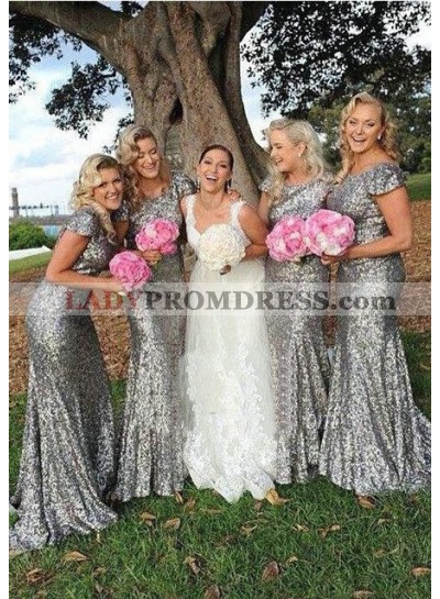 Sequined Sweep Train Sheath/Column Short Sleeve Scoop Neck Zipper Bridesmaid Dresses / Gowns With