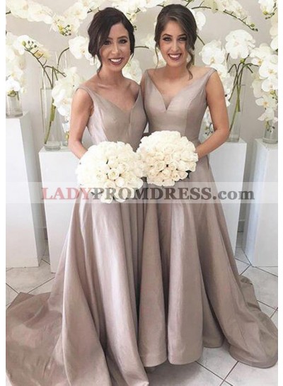Satin Sweep Train A-Line/Princess Sleeveless V-Neck Zipper Bridesmaid Dresses / Gowns