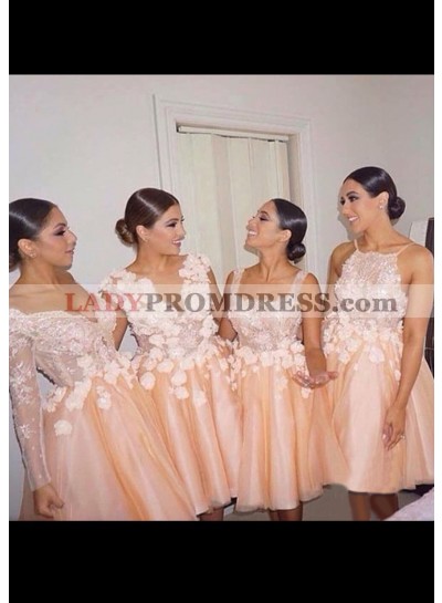 Tulle Bridesmaid Dresses / Gowns Ball Gown V-Neck Knee-Length With Lace