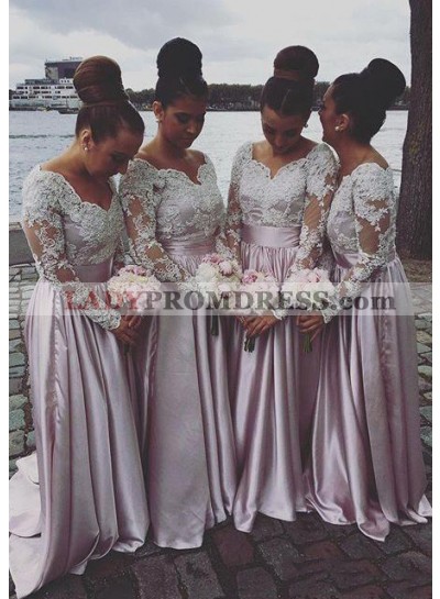 Satin Bridesmaid Dresses / Gowns A-Line/Princess Sweetheart Sweep Train With Lace