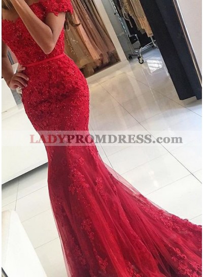 2023 Gorgeous Red Sexy Appliques Mermaid/Trumpet Tulle Prom Dresses