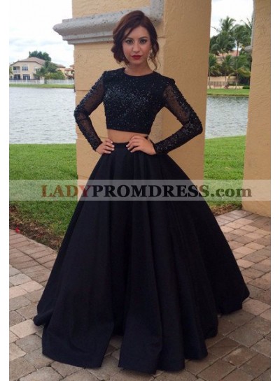 2023 Junoesque Black Beading Long Sleeve Satin Two Piece Prom Dresses