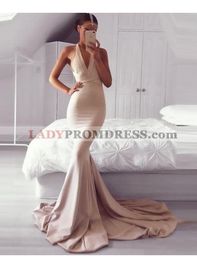2023 Halter Nude Mermaid Sweep Train Prom Dresses