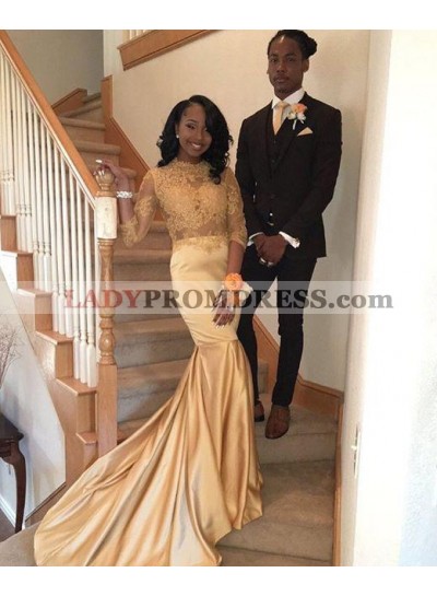 2023 Cheap Champagne Long Sleeves Lace Prom Dresses