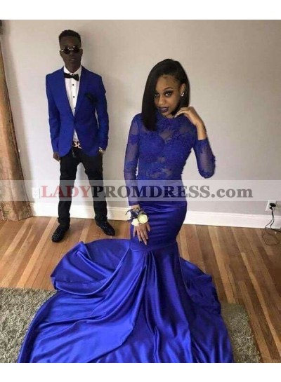 2023 Royal Blue Long Sleeves Mermaid Satin Prom Dresses