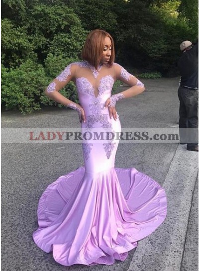 2023 Sexy Long Sleeves Lace Mermaid Lilac Prom Dresses