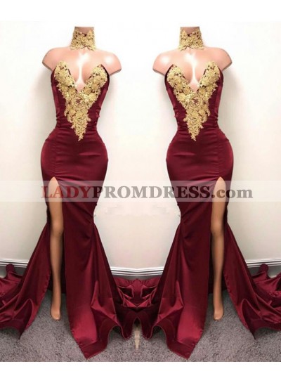 2023 Charming Burgundy V-neck Sexy Satin Prom Dresses
