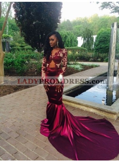 2023 Burgundy Long Sleeves Mermaid Prom Dresses