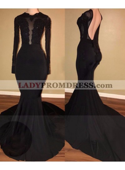 2023 Unique Black Long Sleeves Mermaid Backless Prom Dresses