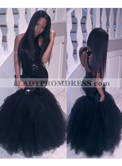 2023 Halter Backless Black Mermaid Sequins Prom Dresses 
