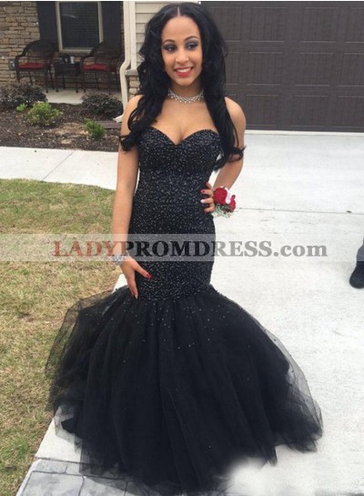 2023 Sweetheart Black Mermaid Beaded Prom Dresses