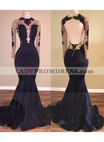 2022 Black Mermaid Backless Long Sleeves Prom Dresses