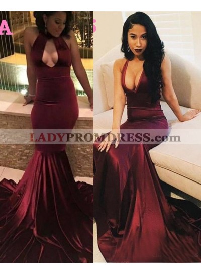2023 Sexy Halter Burgundy Mermaid Prom Dresses