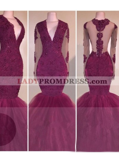 2023 Long Sleeves V-neck Appliques Burgundy Prom Dresses