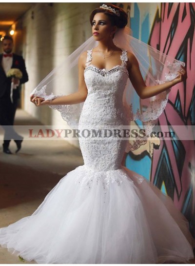 2023 Sexy Mermaid Sweetheart Tulle With Appliques Beaded Wedding Dresses