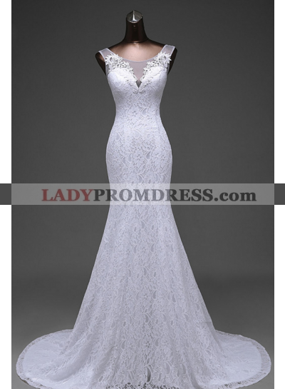 2023 Mermaid White Scoop Lace Wedding Dresses