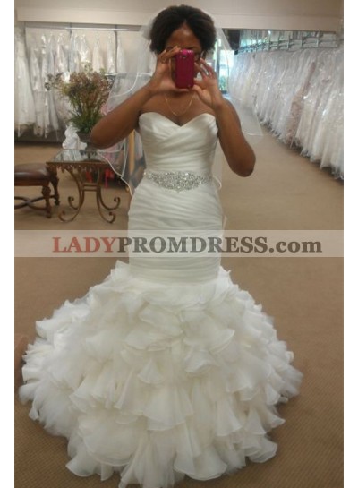 Alluring Mermaid Sweetheart Organza Beaded Belt Ruffles 2023 Wedding Dresses