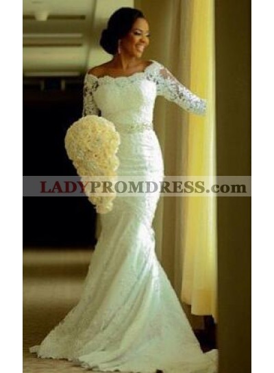 Sexy Mermaid Off The Shoulder Lace Sleeves Bowknot Wedding Dresses